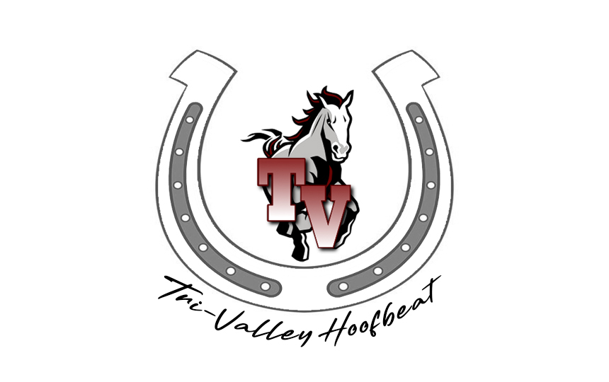 Mustang horse logo encircled in a horse shoe with text that reads Tri-Valley Hoofbeat