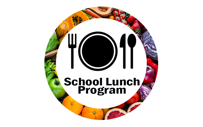 Circle collage of fruits and vegetables with table setting icon and text that reads School Lunch Program